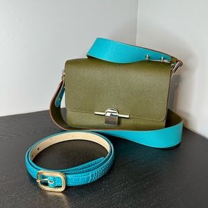 MASSIMO DUTTI GENUINE LEATHER CROSSBODY BAG and BELT Turquoise / Khaki Green